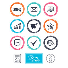 Internet, seo icons. Tick, online shopping and chart signs. Bandwidth, mobile device and chat symbols. Report document, information icons. Vector