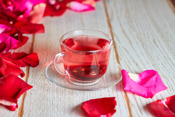 Red Hibiscus tea in glass mug