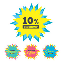 Sale stickers and banners. 10 percent discount sign icon. Sale symbol. Special offer label. Star labels. Vector
