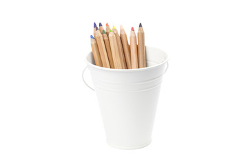 Colored pencils in a bucket
