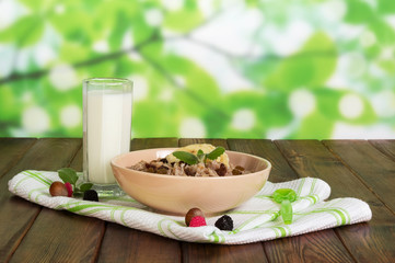 Bowl oatmeal, glass milk, hazelnuts and fruits on abstract green.