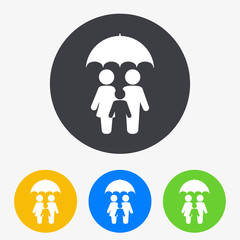 Icono plano familia con paraguas en circulo varios colores
