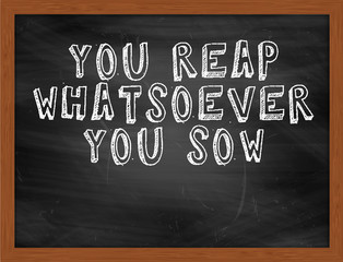 YOU REAP WHATSOEVER YOU SOW handwritten text on black chalkboard