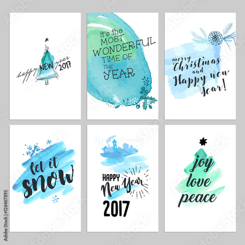 Christmas And New Year Hand Drawn Greeting Cards Set Watercolor Vector Illustrations For Greeting Cards Christmas And New Year Hand Drawn Greeting Cards Set Watercolor Vector Illustrations For Greeting Cards