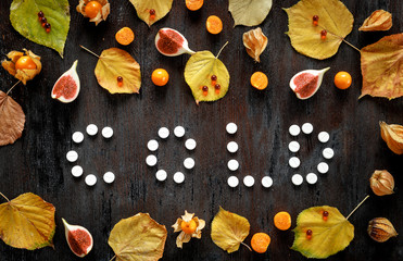 concept autumn cold treatment on wooden background top view