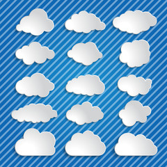 set of white clouds on a blue striped background