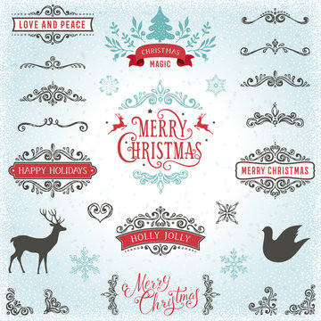 Hand drawn swirls. Merry Christmas and Happy Holidays typography design with deer, dove, snowflakes and New Year Tree.