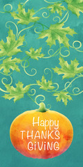 Thanksgiving illustration with pumpkin, leaves, and vines for flyer, poster, card, banner, web. Abstract turquoise background for Thanksgiving occasion. Thanksgiving Watercolor illustration