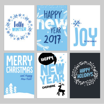 Christmas and New Year hand drawn greeting cards set. Vector illustrations for greeting cards, website and mobile banners, marketing material. 