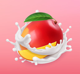 Mango and milk splash. Fruit and yogurt. 3d vector icon. Realistic illustration
