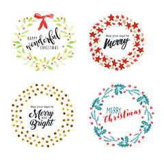 Christmas and New Year flat design badges and elements. Hand drawn vector illustrations for greeting cards, website badges and banners, gift tags and marketing material. 