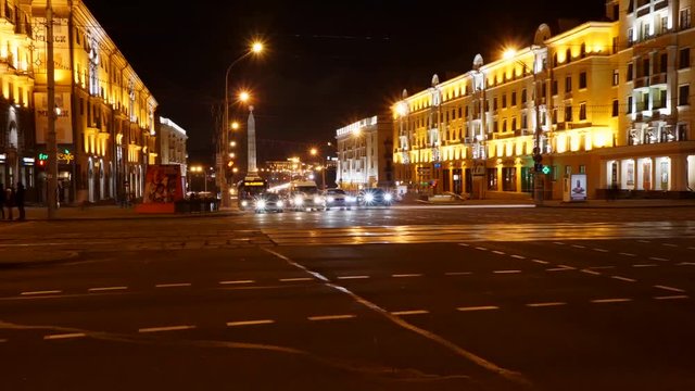 Timelaps of night city traffic, main street, Minsk 2016