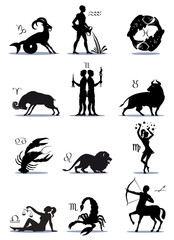 Signs Greek Zodiac Horoscope, Illustration, Silhouettes, Symbols. Icons, Vector, Isolated on background.