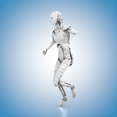 Fototapeta na wymiar humanoider Roboter in Laufpose auf blauem Hintergrund
