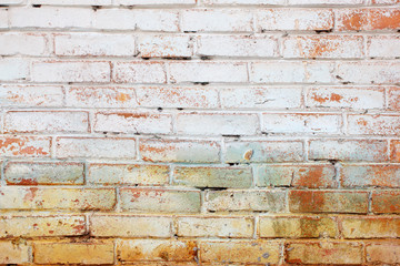 Background of old vintage dirty brick wall with peeling plaster, texture