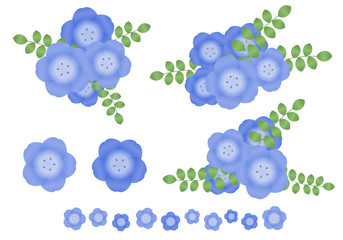 ネモフィラのイラストカット・アイコン・ライン　セット素材　白背景