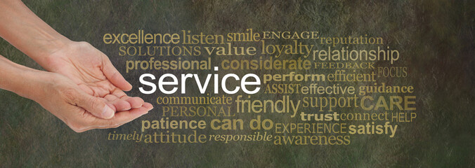 Offering Service word cloud - female hands in cupped offering gesture with the word SERVICE...