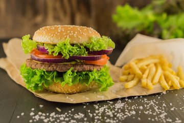Fresh Burger with Beef Cutlet Onion Lettuce Tomato Mustard Sauce