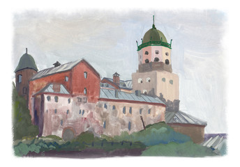 The watercolor drawing of medieval Swedish castle in Vyborg city, Russia