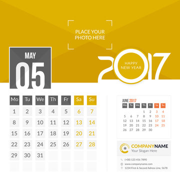 May 2017. Calendar for 2017 Year. 2 Months on Page. Vector Design. Template with Place for Photo and Company Logo