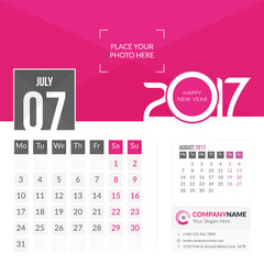 July 2017. Calendar for 2017 Year. 2 Months on Page. Vector Design. Template with Place for Photo and Company Logo
