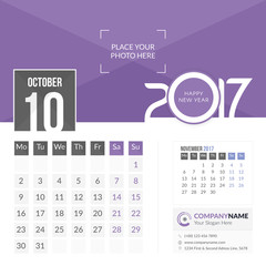 October 2017. Calendar for 2017 Year. 2 Months on Page. Vector Design. Template with Place for Photo and Company Logo