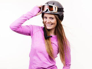 Woman with sporty helmet.