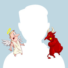 Blank male avatar or profile picture with devil and angel conscience characters on his shoulder advising him.