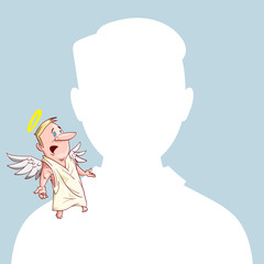 Blank male avatar or profile picture with angel conscience character on his shoulder advising him.