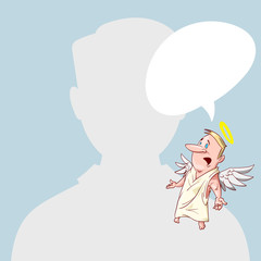 Blank male avatar or profile picture with angel conscience character on his shoulder advising him.