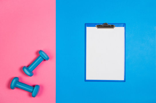 Sport, fitness and healthy lifestyle concept image on bright colorful background. Photograph taken from above, top view.