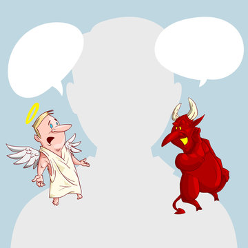 Blank male avatar or profile picture with devil and angel conscience characters on his shoulder advising him.