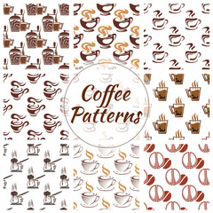 Coffee seamless pattern of beans, cups icons