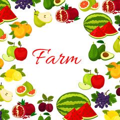 Fruits poster. Fresh farm fruit icons in round frame