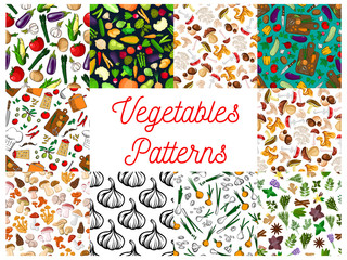 Vegetables, herbs, mushrooms seamless patterns set