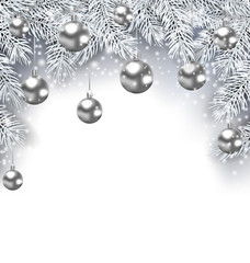 New Year Snowing Background with Silver Christmas Balls