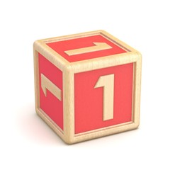 Number 1 ONE wooden alphabet blocks font rotated. 3D