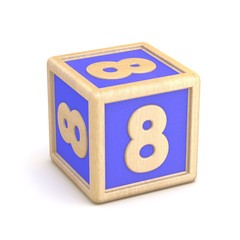 Number 8 EIGHT wooden alphabet blocks font rotated. 3D