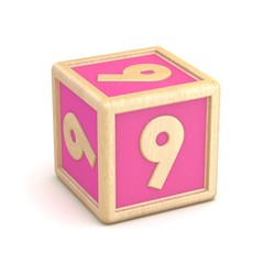 Number 9 NINE wooden alphabet blocks font rotated. 3D