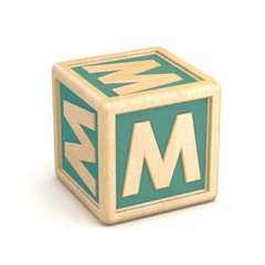 Letter M wooden alphabet blocks font rotated. 3D