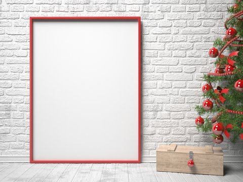 Mock up blank picture frame, Christmas decoration and wooden box