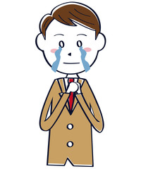 茶色のブレザーの学生　男子　上半身　泣く
