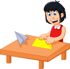 funny little girl cartoon playing folding paper