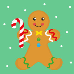 gingerbread man with a candy cane, vector  cookie illustration, set xmas, Christmas.
