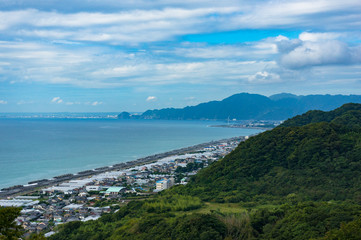 Aerial view of Shizuoka strawberry farms along Pacific coast. Ja