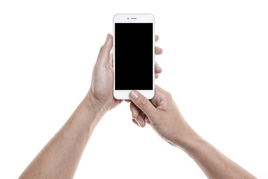A man(male) two hands hold a mobile phone with empty(blank) screen isolated white