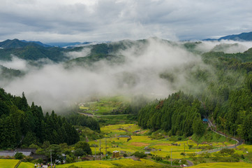 Fog over rice fields in high mountain region of Yotsuya no Semma