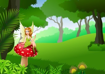 Little fairy sitting on mushroom with Tropical forest background