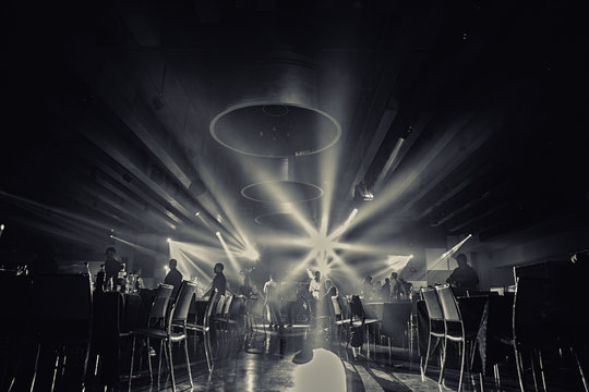 restaurant black and white photo.ballroom    .wedding party
people dance in  party  