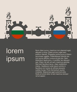 Image relative to gas transit from Russia to Bulgaria. Gears connected by gas pipe. National flags on cog wheels. Modern vector brochure, report or leaflet design template.